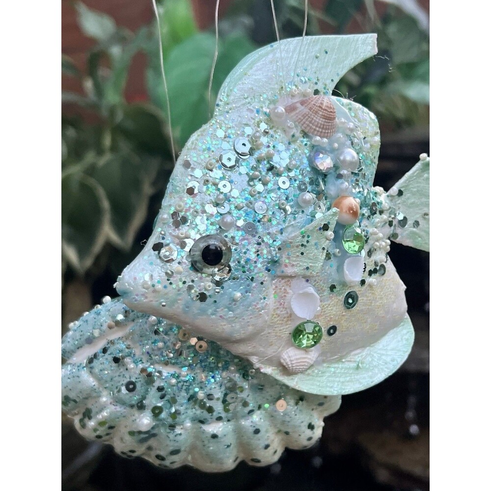 Handmade Jeweled Tropical Fish & Seashell Christmas Ornament Coastal Set of 2